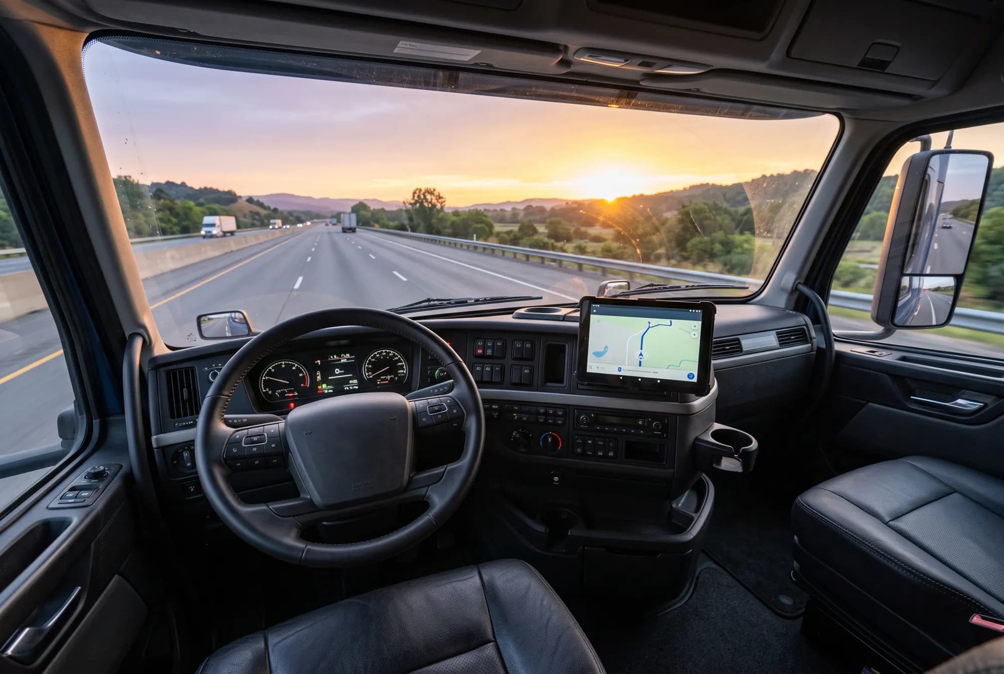 Inside a modern truck cab on the open highway at sunrise