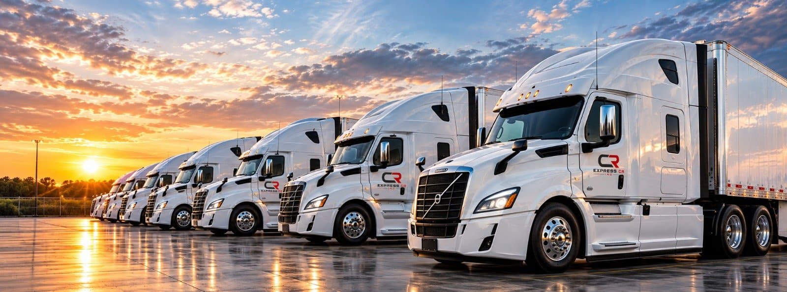 A row of white Express CR semi trucks with dry van trailers parked at sunset